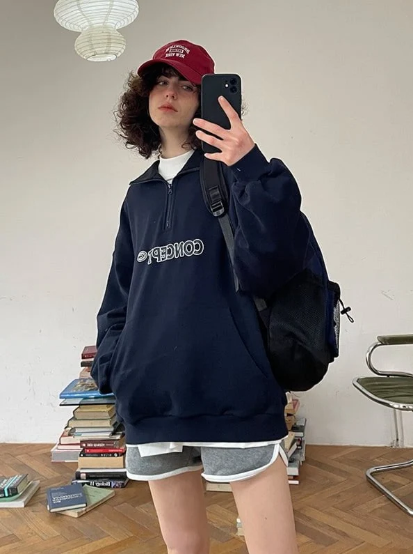 Loose Fit Concept Quarter Zip Sweatshirt / Navy Blue
