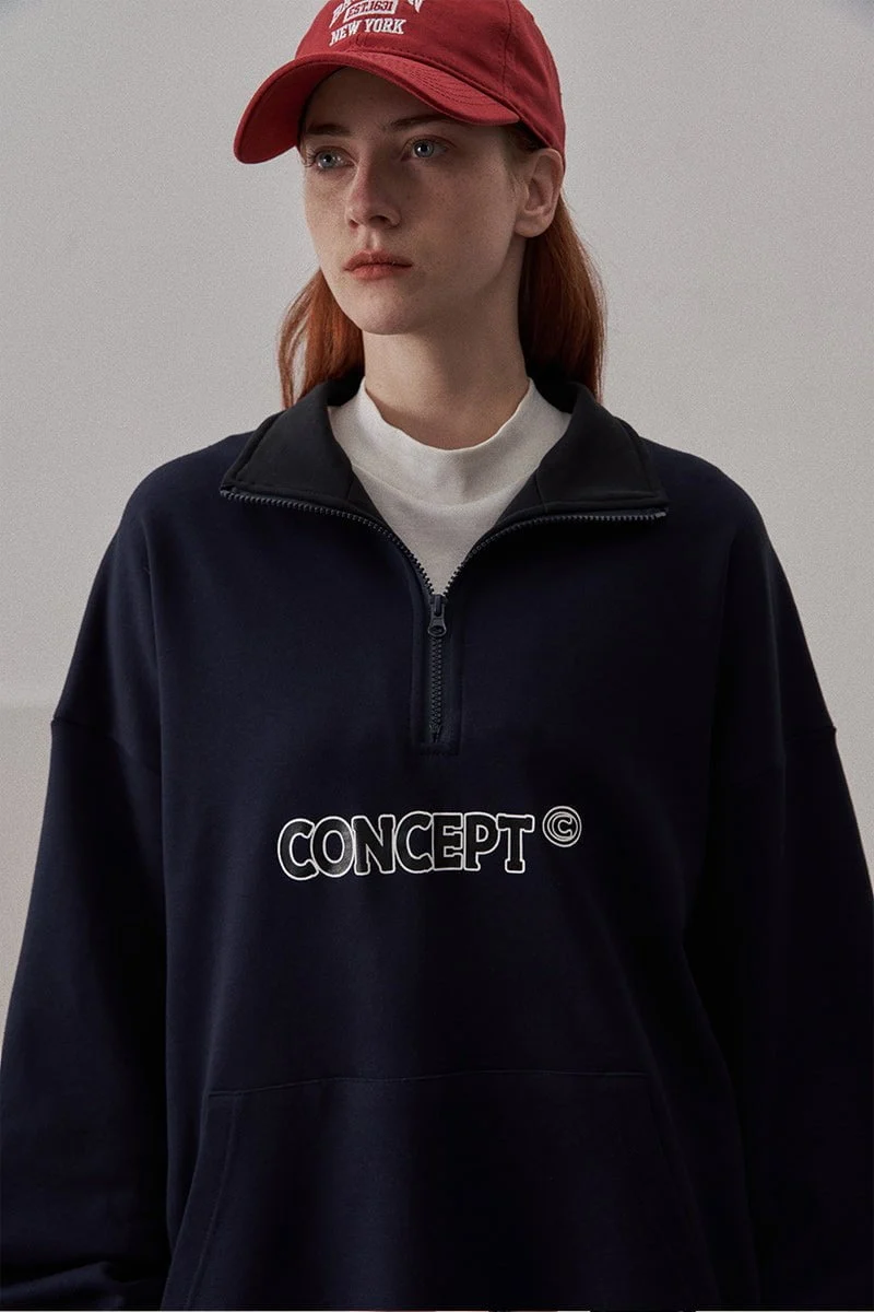 Loose Fit Concept Quarter Zip Sweatshirt / Navy Blue - Image 8