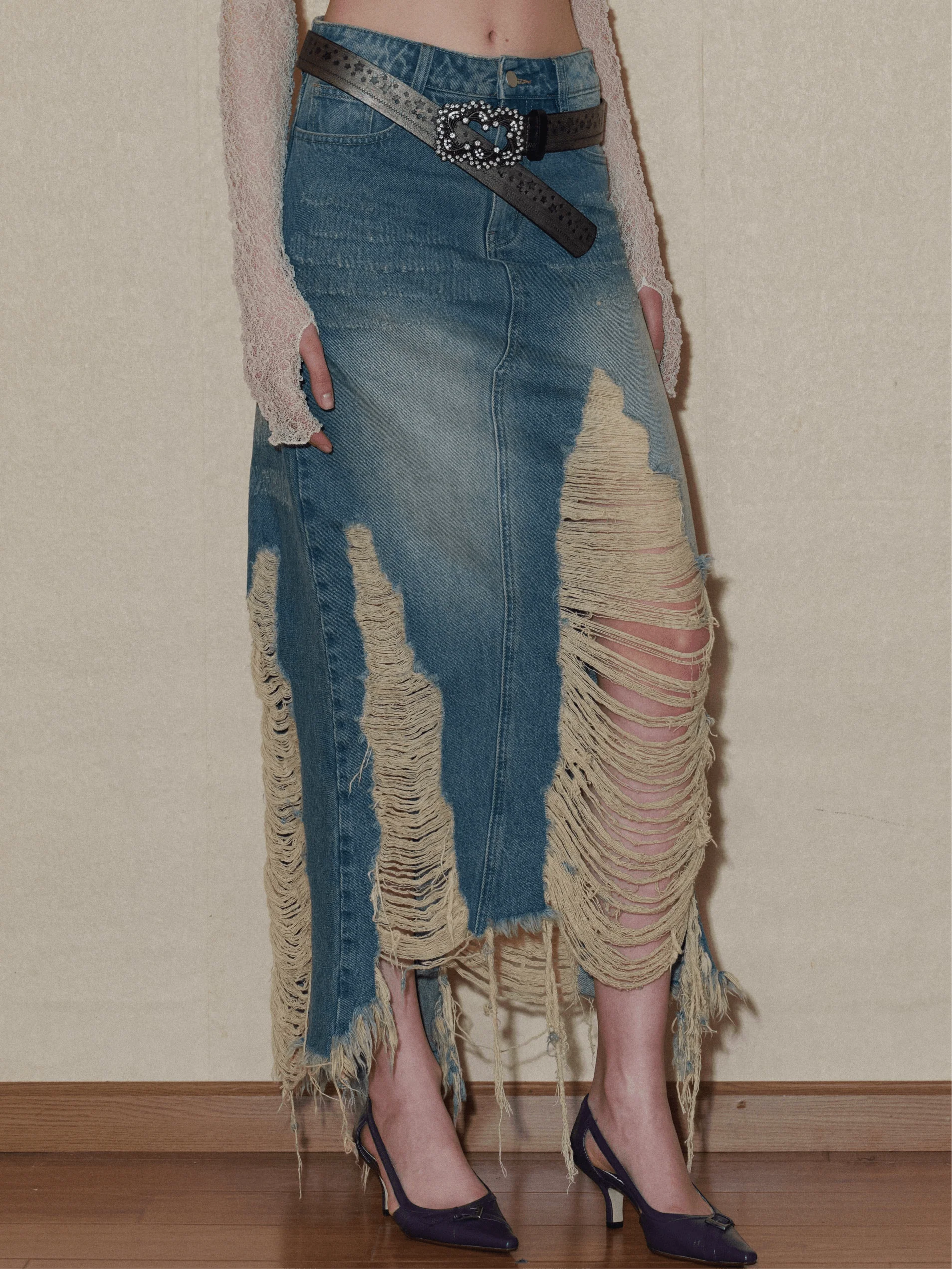 Ripped Denim Midi Skirt - Image 2