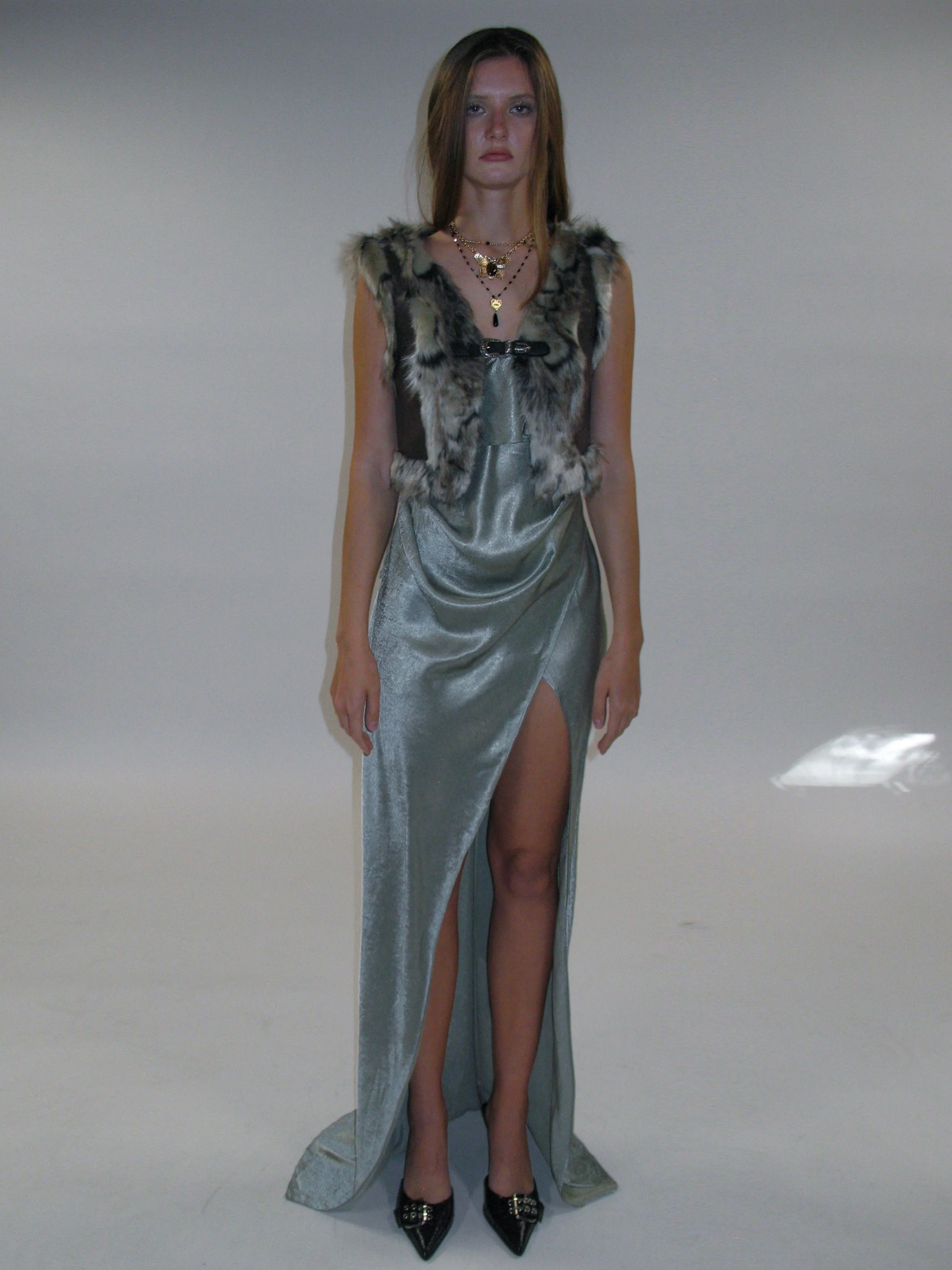 Satin Frill Strap Split Gown/ Light Green - Image 11