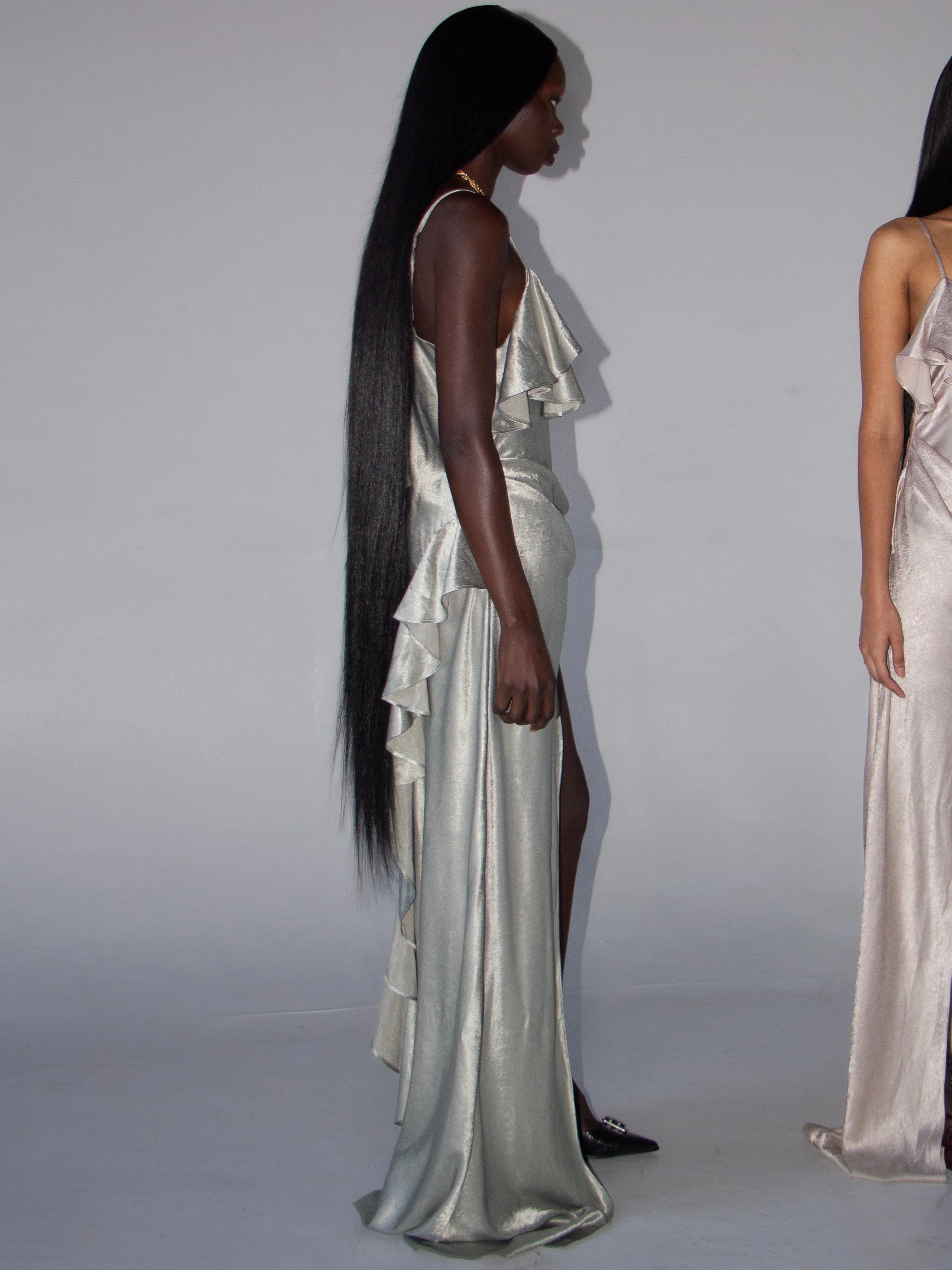 Satin Frill Strap Split Gown/ Light Green - Image 3