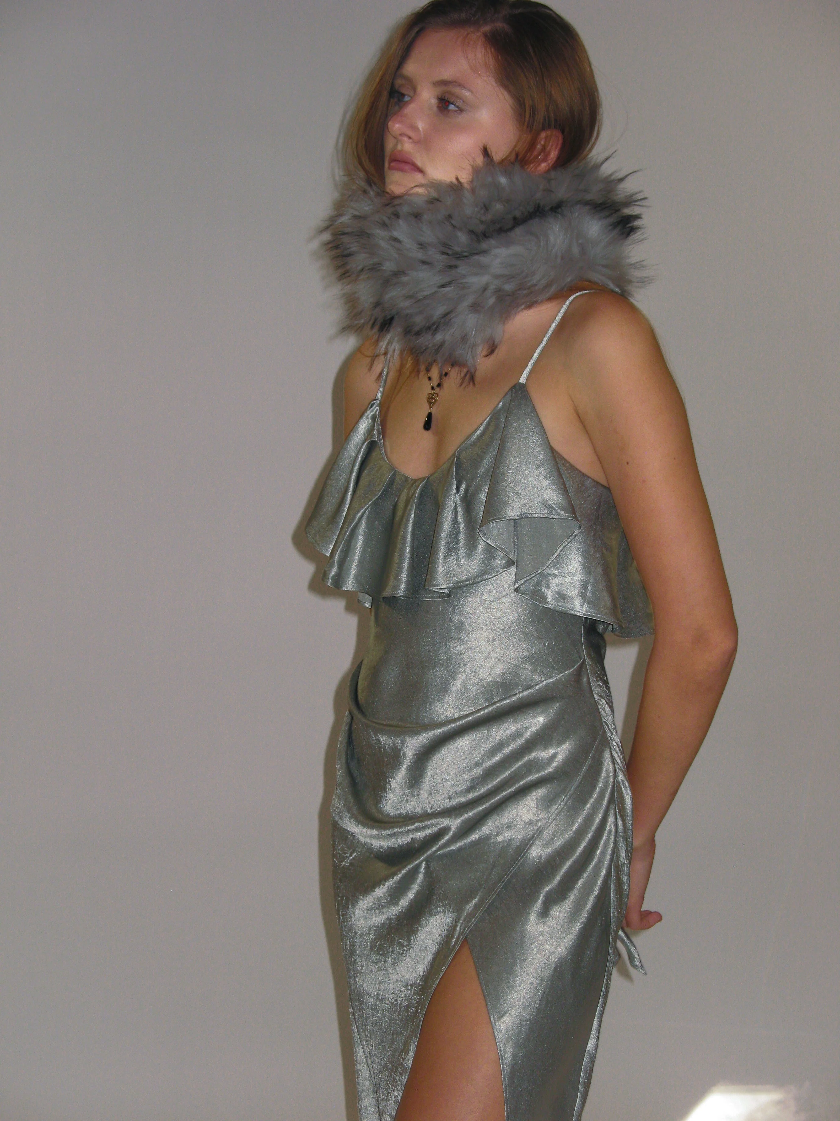 Satin Frill Strap Split Gown/ Light Green - Image 4