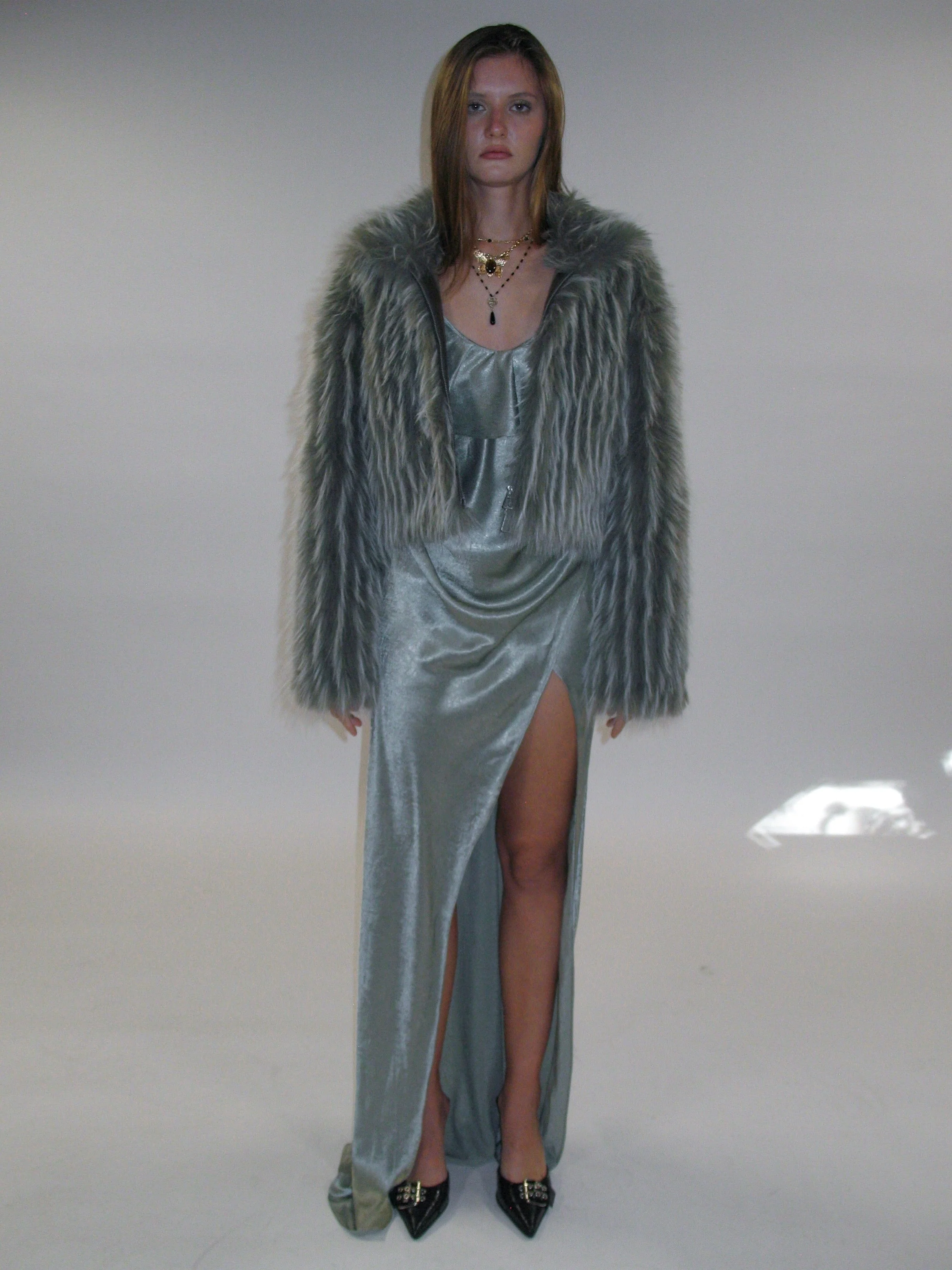 Satin Frill Strap Split Gown/ Light Green - Image 5