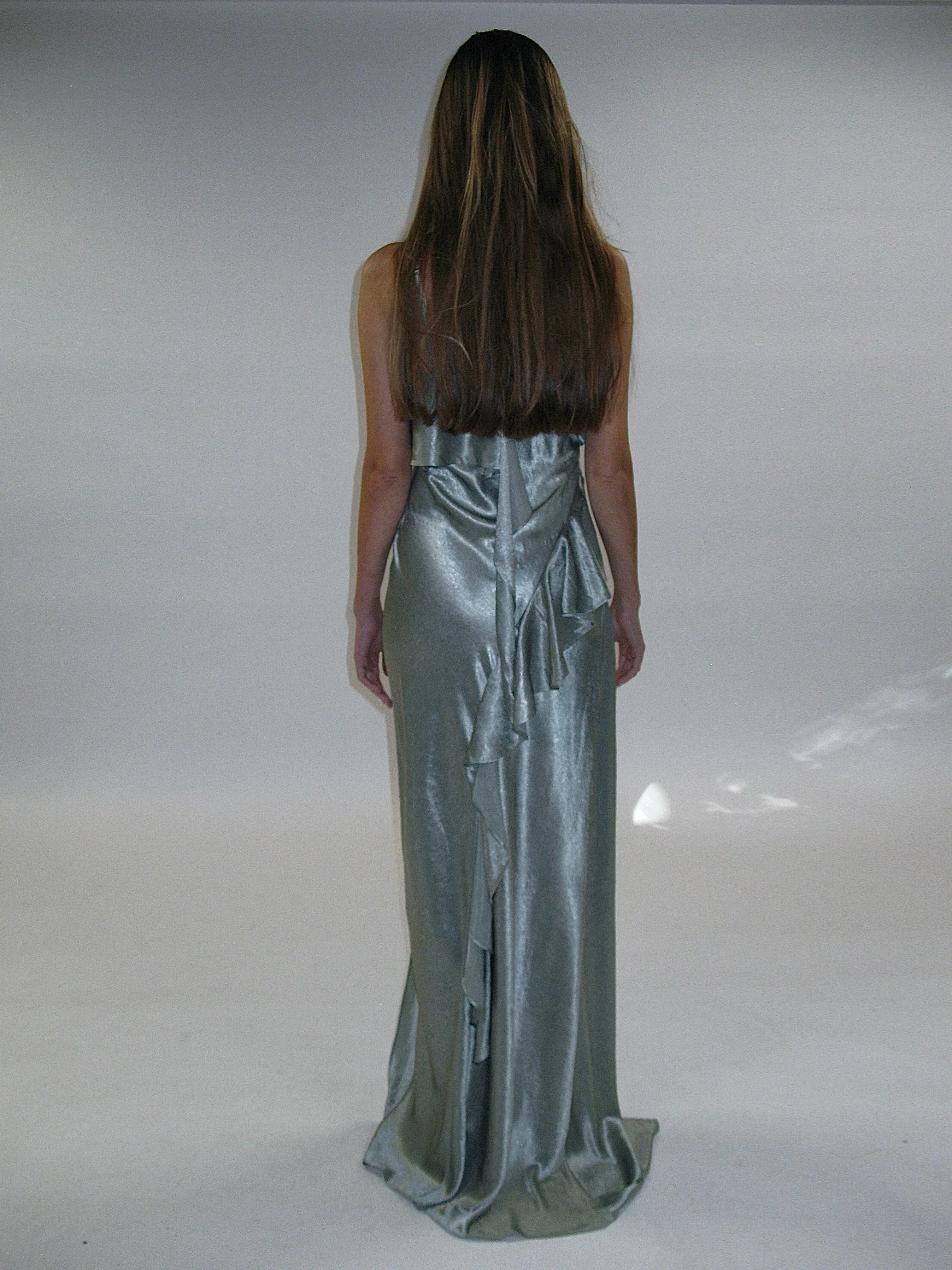 Satin Frill Strap Split Gown/ Light Green - Image 6