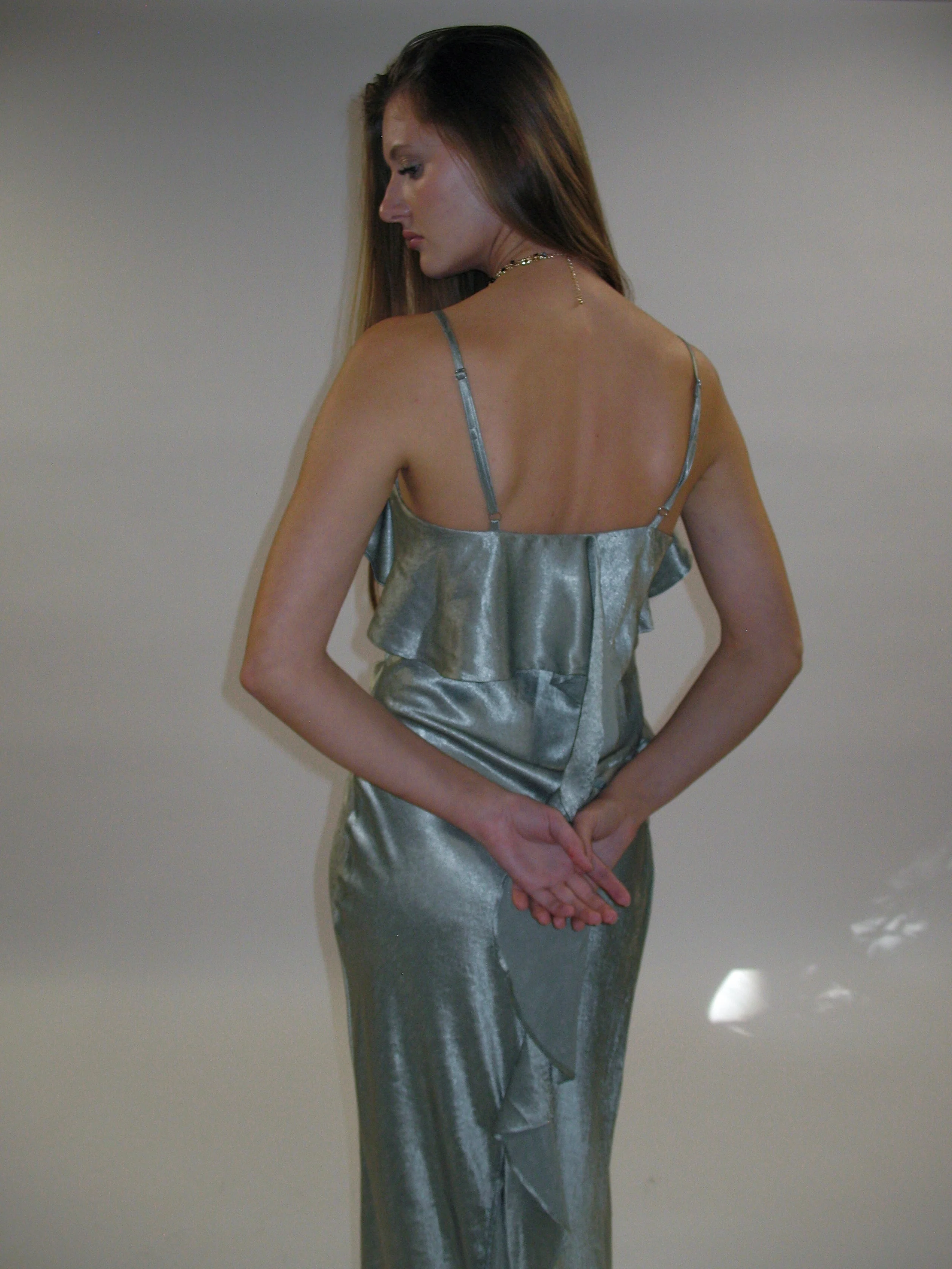 Satin Frill Strap Split Gown/ Light Green - Image 8
