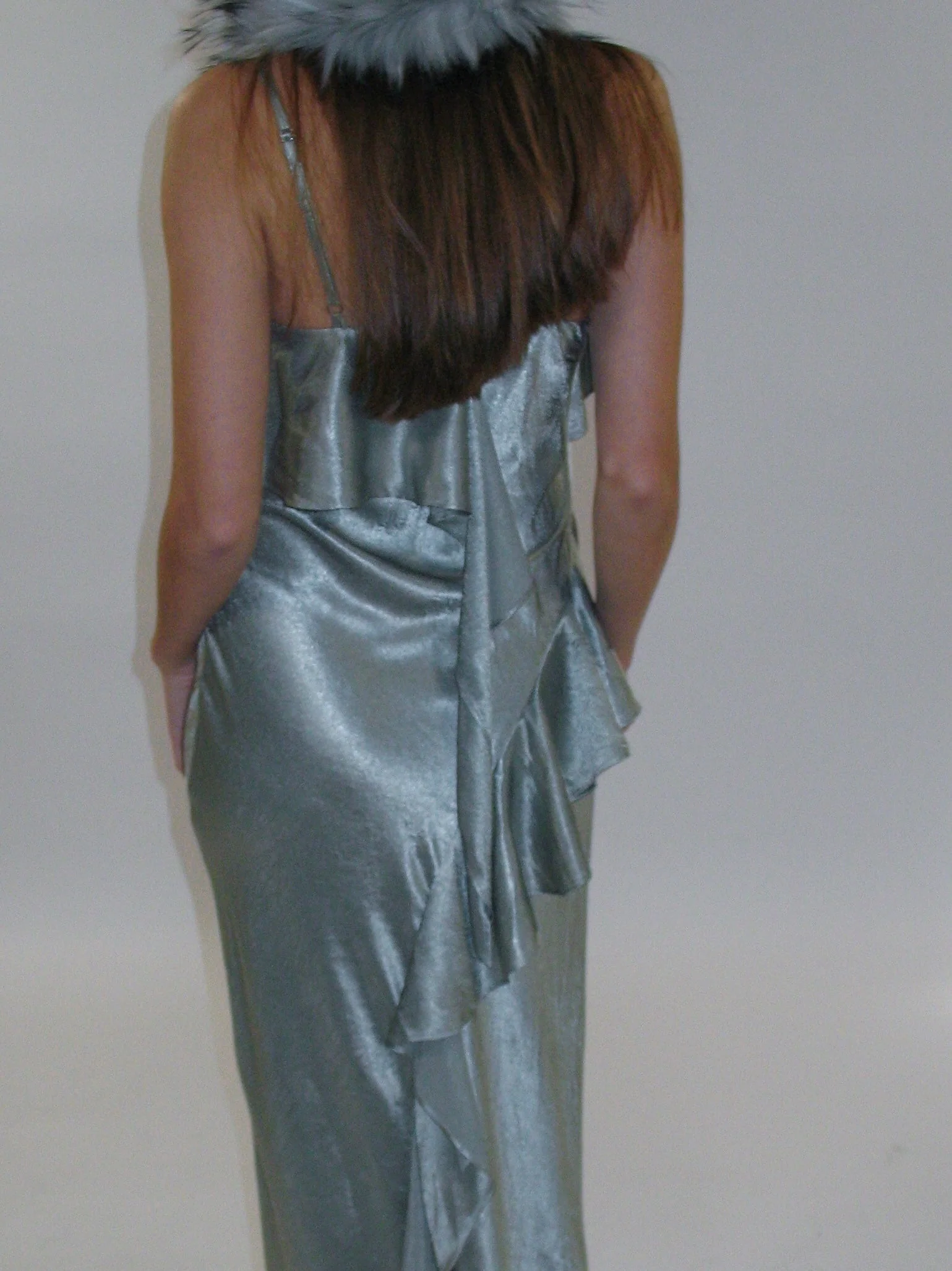 Satin Frill Strap Split Gown/ Light Green - Image 9