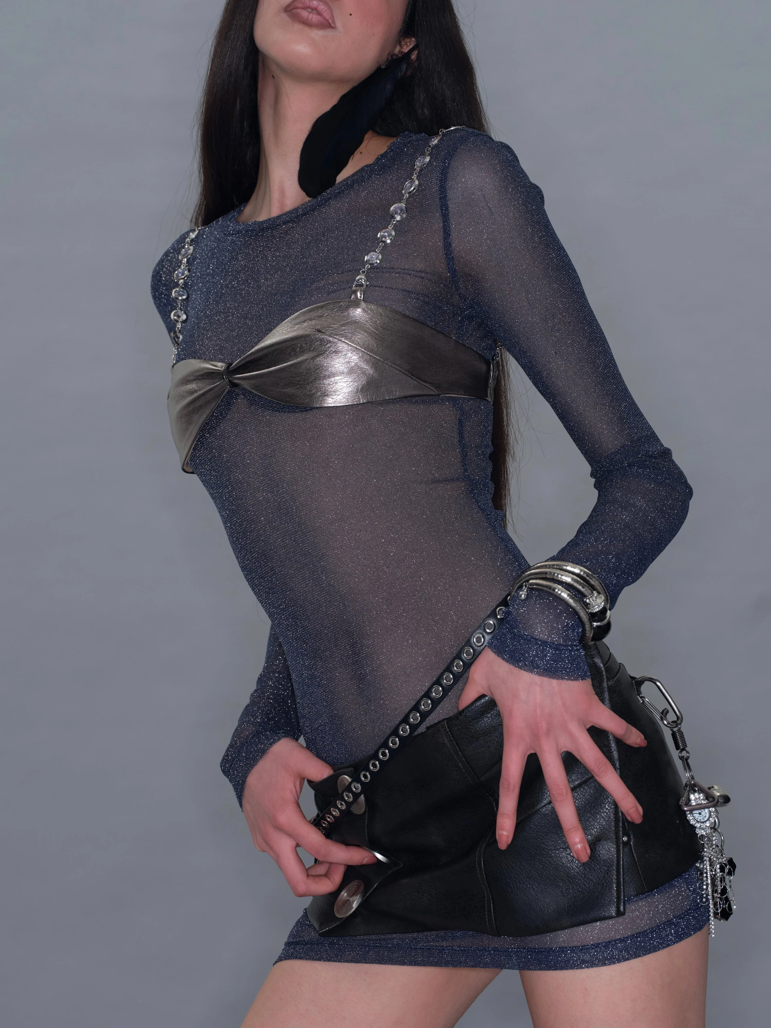 Sheer Metallic Long Sleeve/ Navy Blue - Image 2