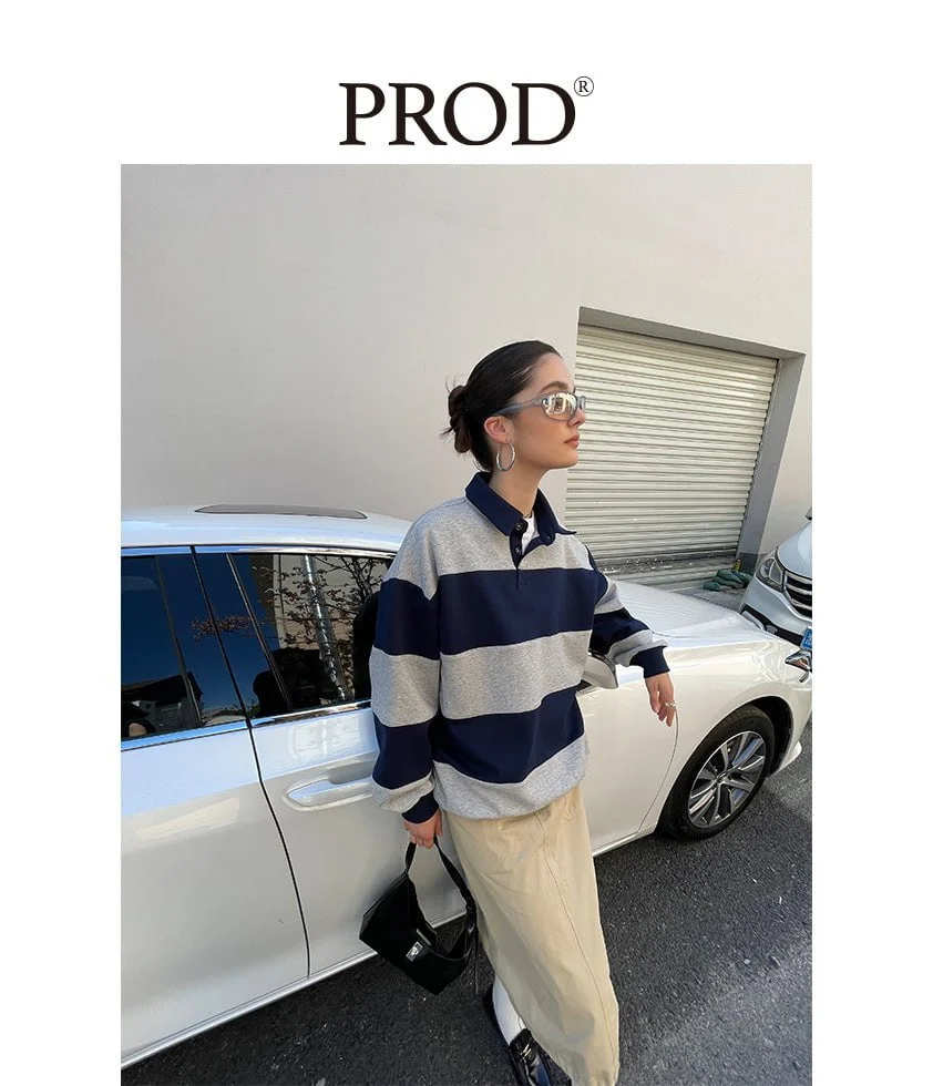 Loose Fit Striped Polo Sweatshirt / Gray Blue - Image 2