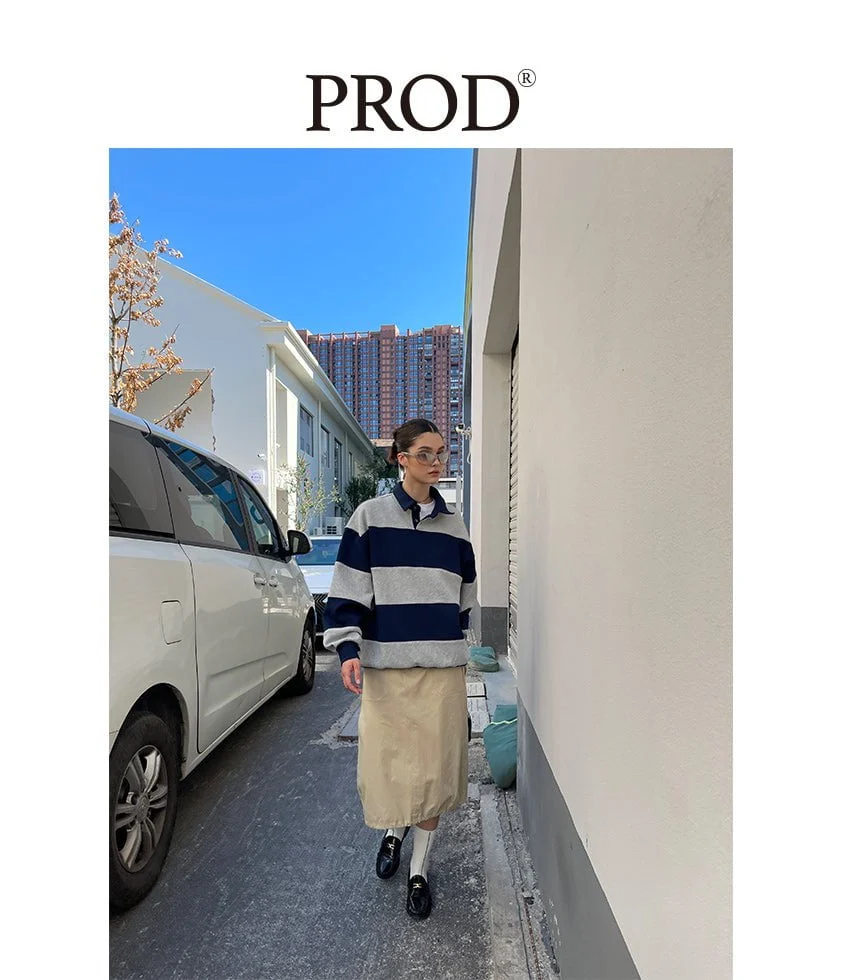 Loose Fit Striped Polo Sweatshirt / Gray Blue - Image 5
