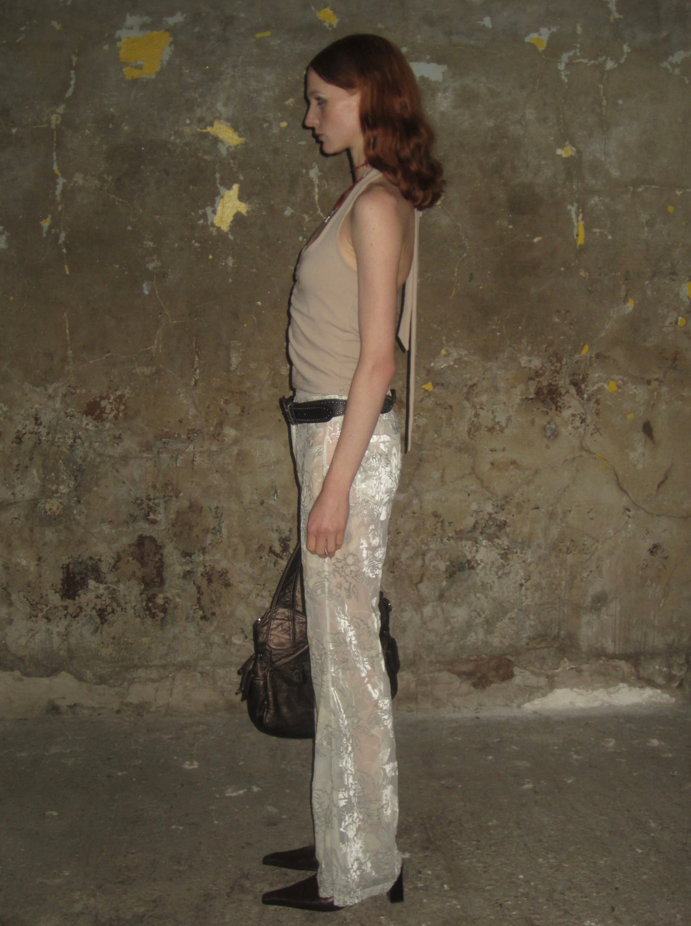 Velvet-flocked Semi-sheer Trousers /Beige - Image 5