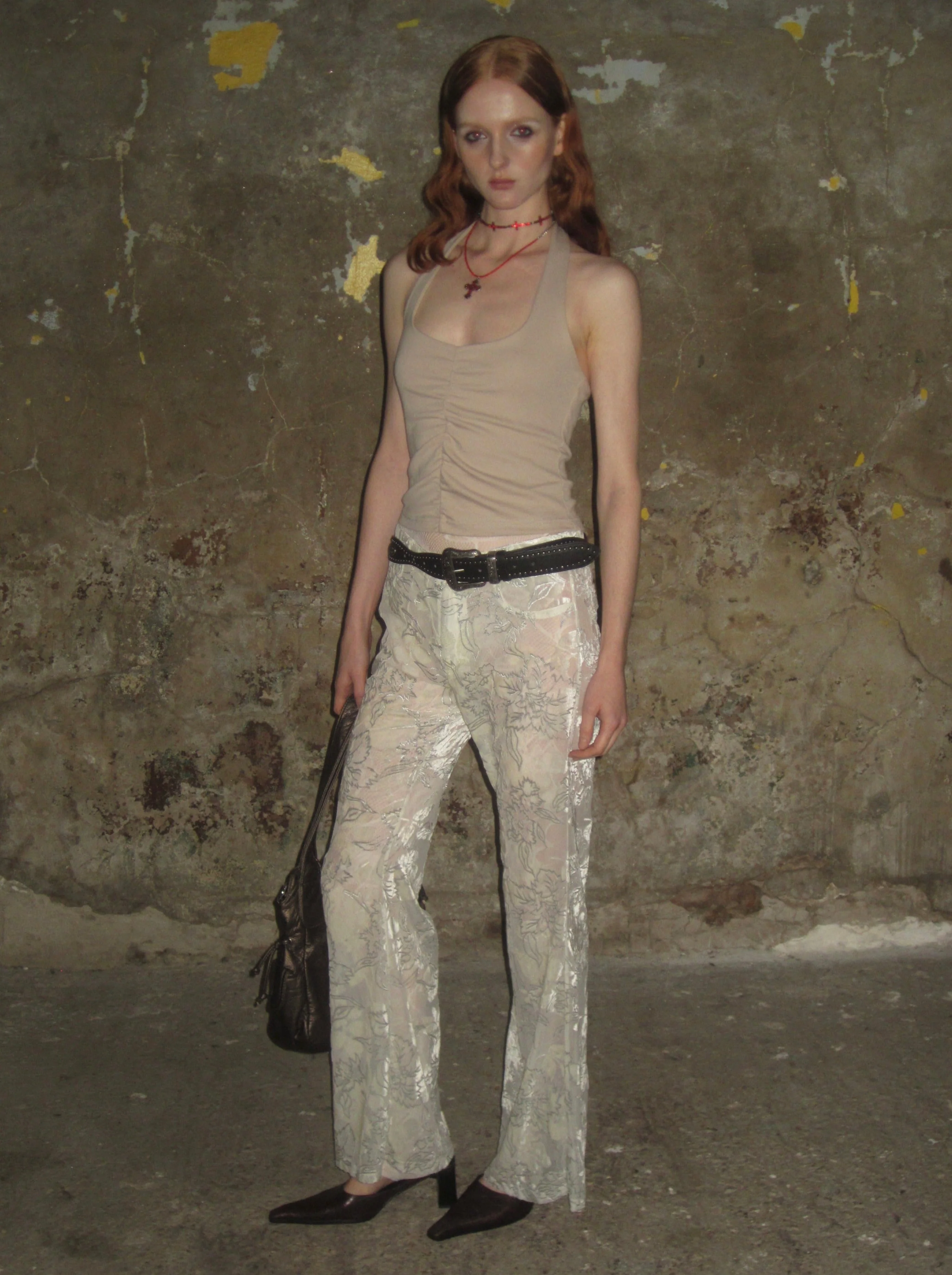 Velvet-flocked Semi-sheer Trousers /Beige - Image 6