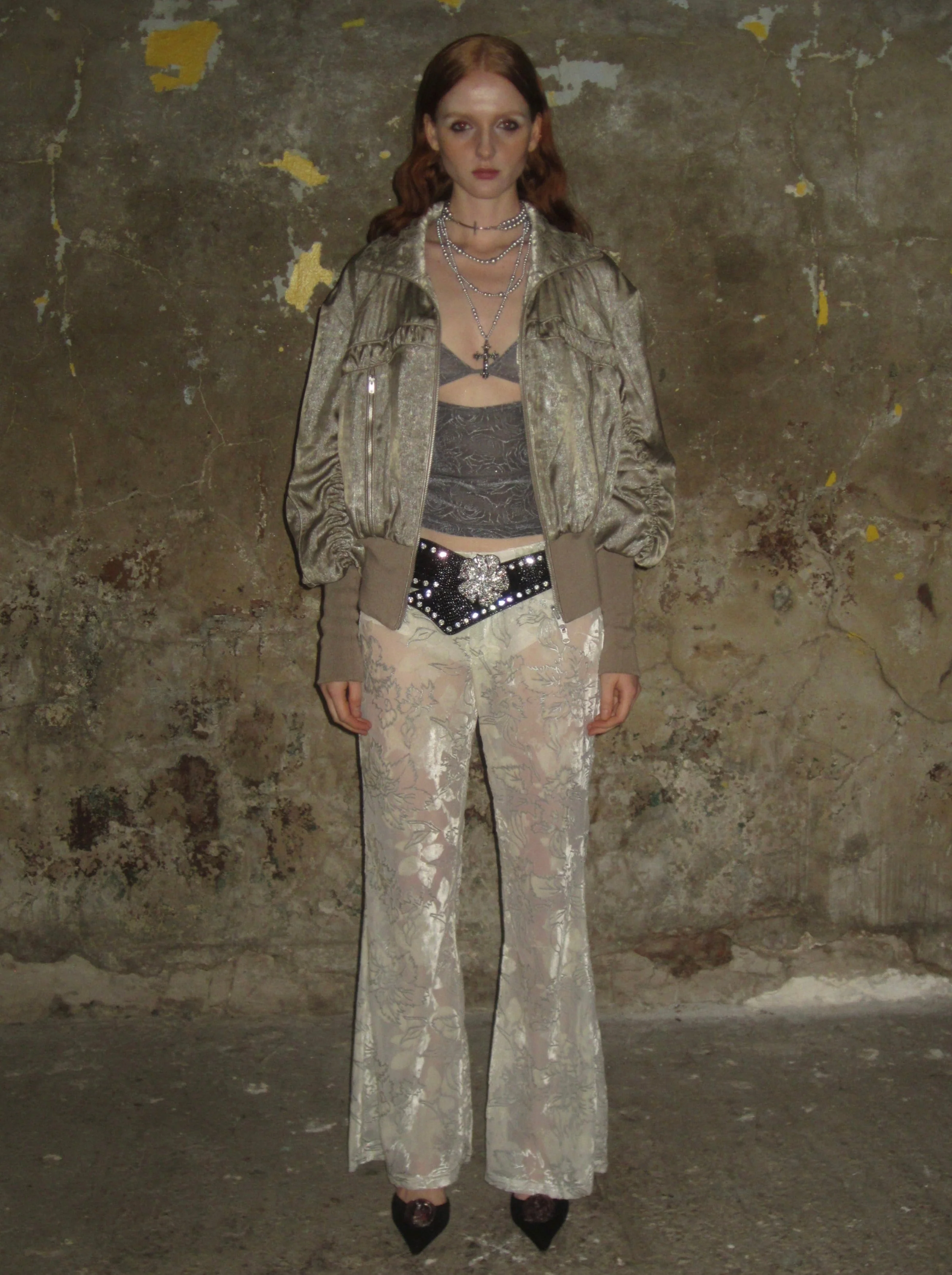 Velvet-flocked Semi-sheer Trousers /Beige - Image 7
