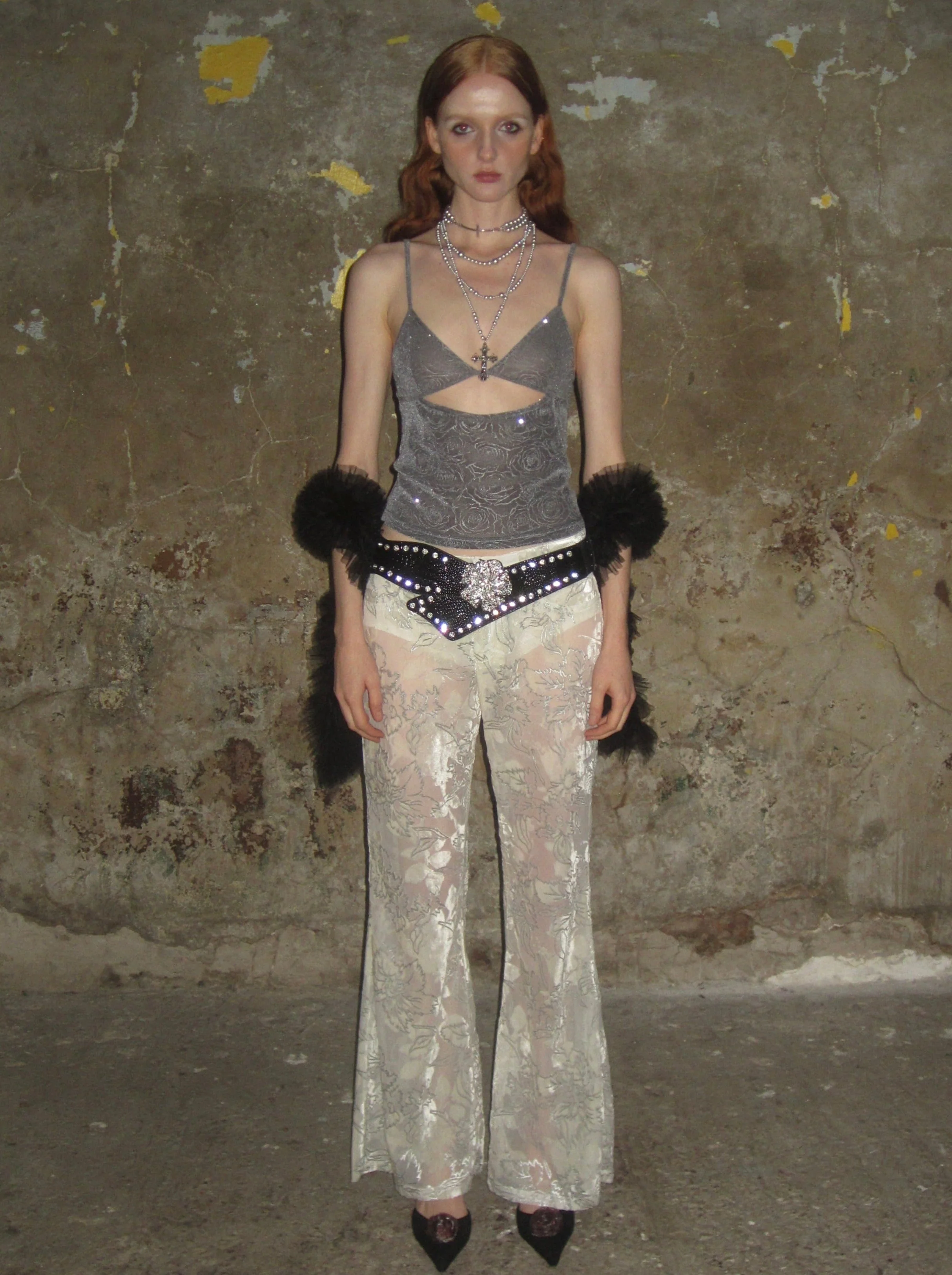 Velvet-flocked Semi-sheer Trousers /Beige - Image 8
