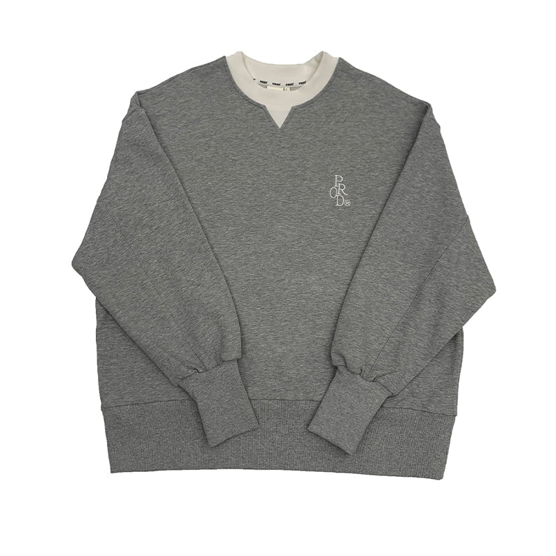 Loose Fit Ribbed Crewneck Sweatshirt with White Neckline / Melange Gray