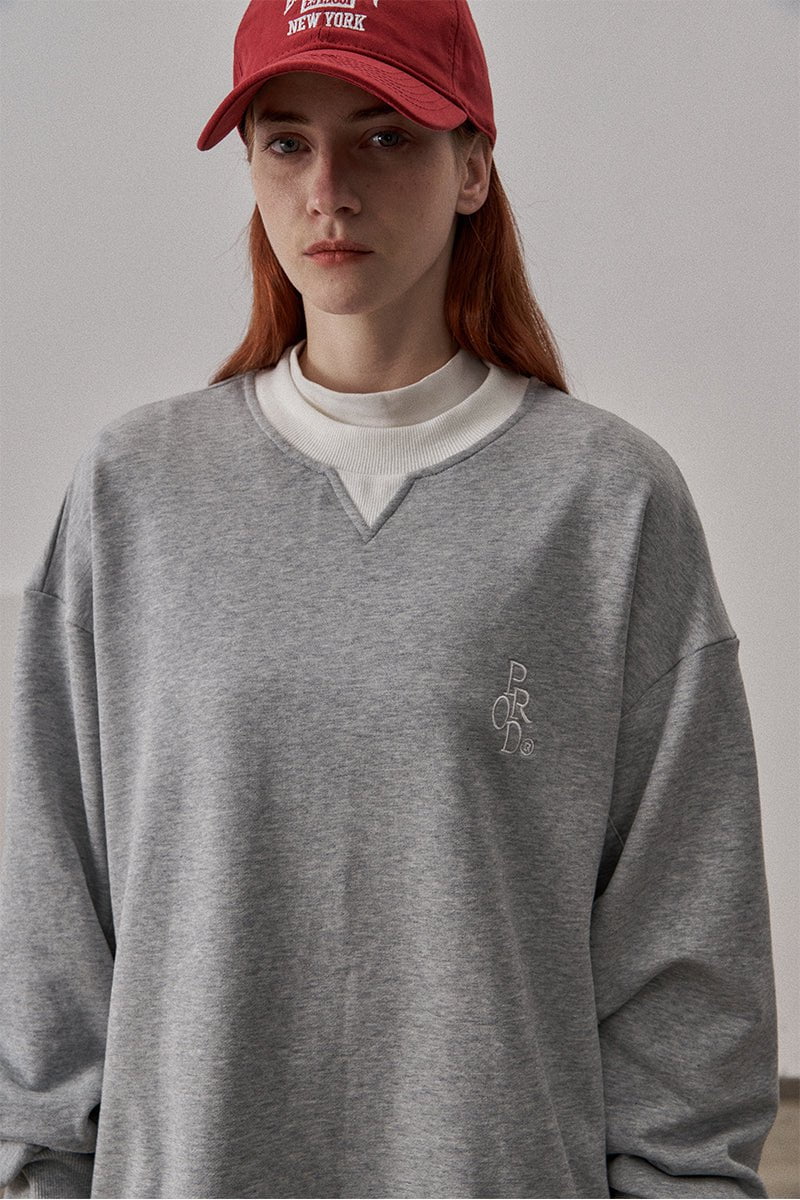 Loose Fit Ribbed Crewneck Sweatshirt with White Neckline / Melange Gray - Image 6
